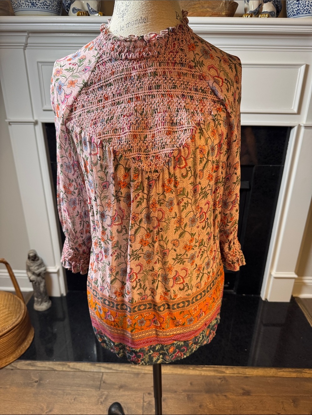 Johnny Was Pink Floral Smocked Yoke Blouse
